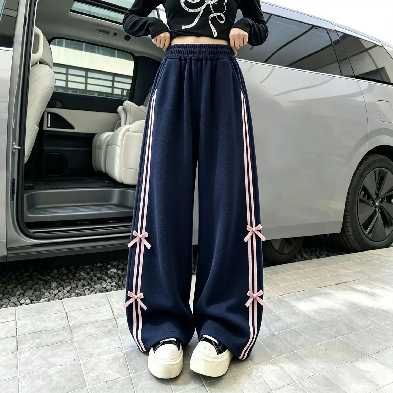 Girls Fleece Lined Sweatpants Wide Leg Pants Autumn Winter Thick Warm Straight Leg Trousers Kids Casual Bottoms