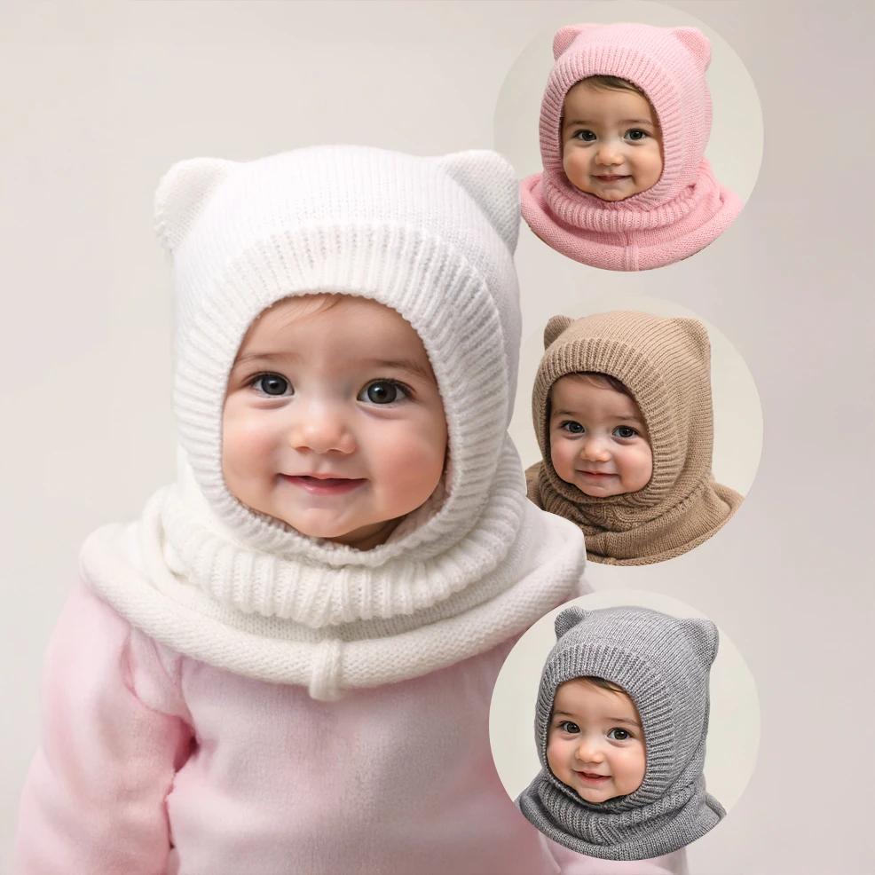 

1 шт., белая Балаклава для новорожденных от 0 до 3 лет, лыжная маска, шапочка для малышей, двойные шарики, шапочки для маленьких девочек и мальчиков, детские зимние шапки