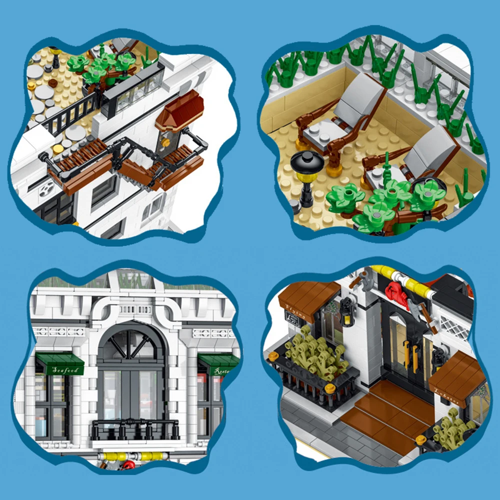 4132 pezzi, set di blocchi da costruzione per ristoranti di frutti di mare, kit di costruzione di case modulari MOC, edifici di paesaggi stradali urbani, regalo per affilisti