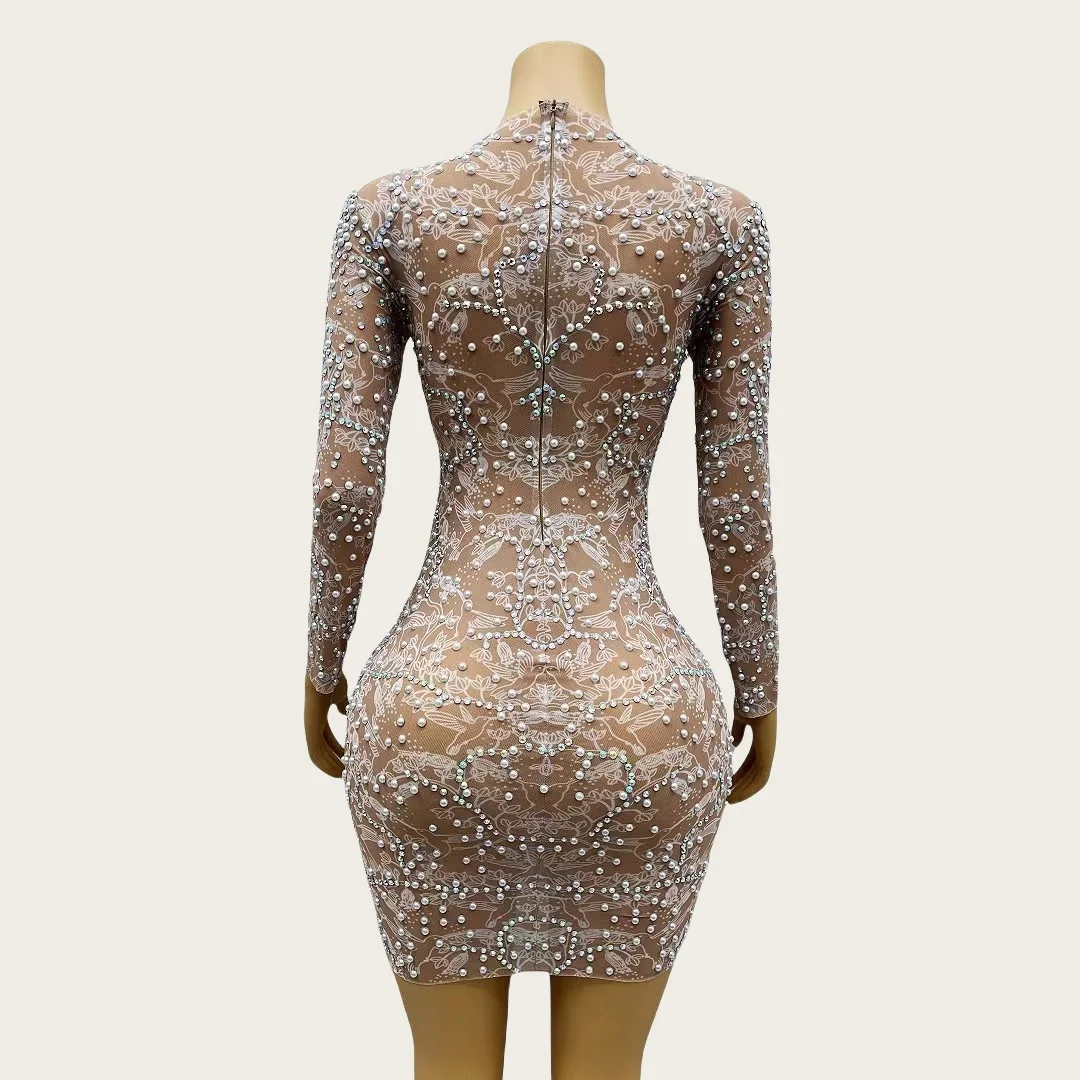 Tenghuafeiniao Krótka Sukienka z Błyszczącymi Cyrkoniami i Perłami na Festiwal, Imprezę, Siateczkowa Sukienka Wieczorowa, Seksowna Sukienka na Bal Maturalny, Couture