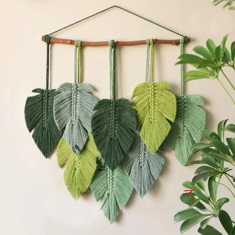 Modern Simple Green Leaf Woven Tapestry Decorative Hanging Ornament for Homestay Hotel Wall Macrame Hanging Accessories