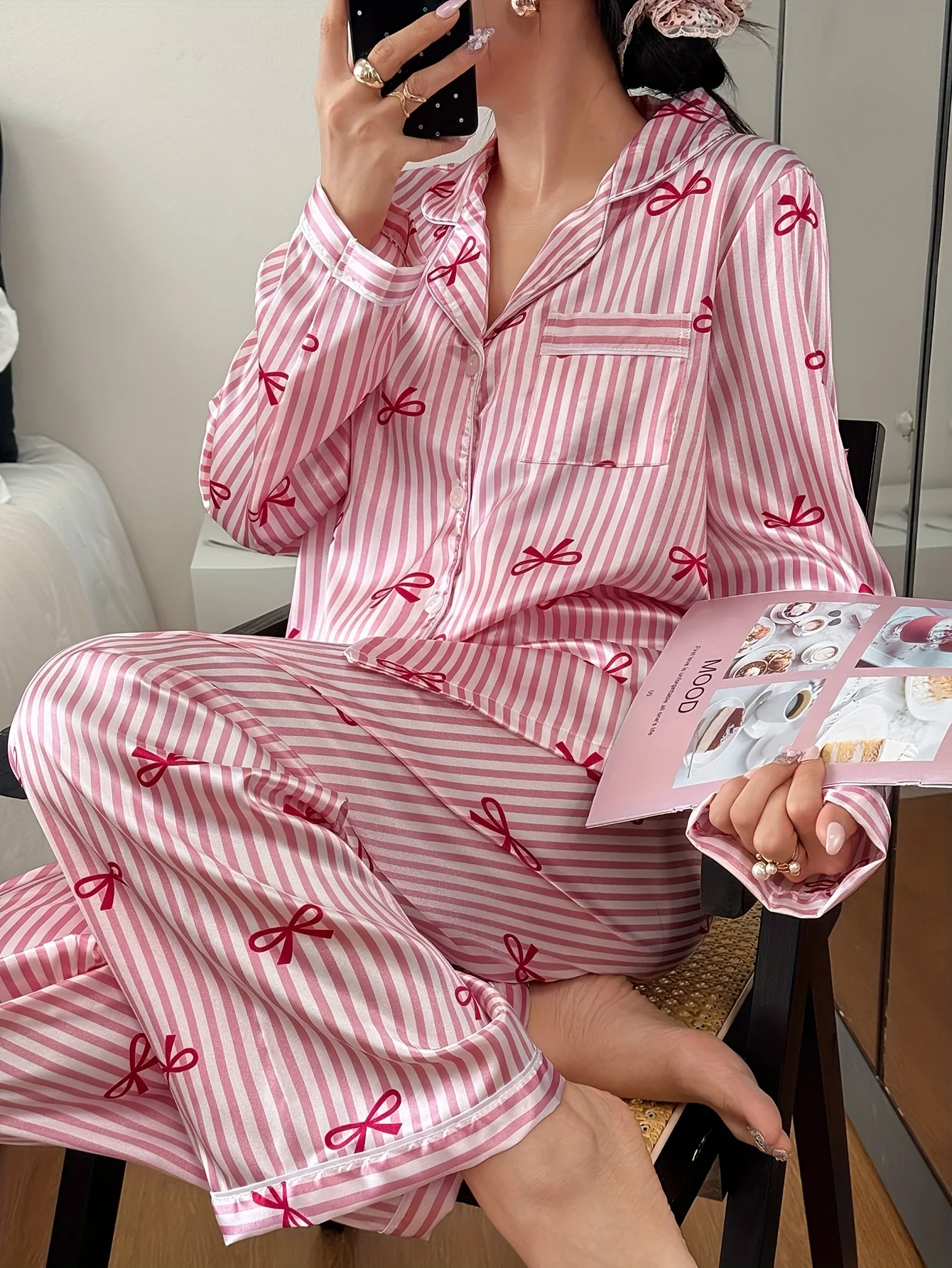 Four Seasons Can Wear Korean Style Bow Women's Pajamas Tops and Pants Summer Ladies Sleepwear Homewear Girl Sweet Nightwear view 2