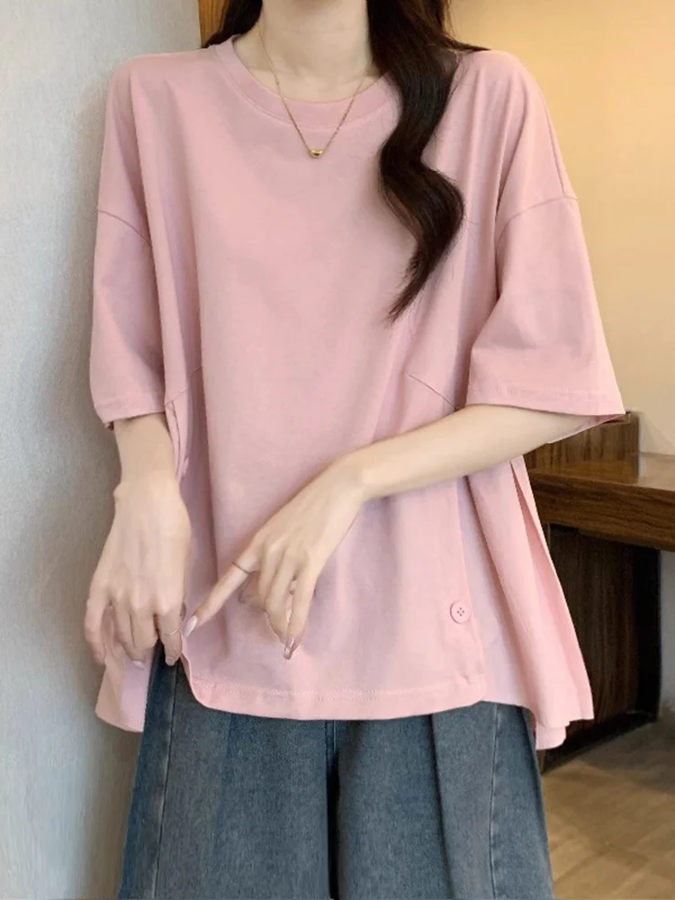 

Light Pink Short Sleeve T-Shirt Women's plus Size Loose Belly Covering Irregular Korean Style Commute Fashion Summer Top