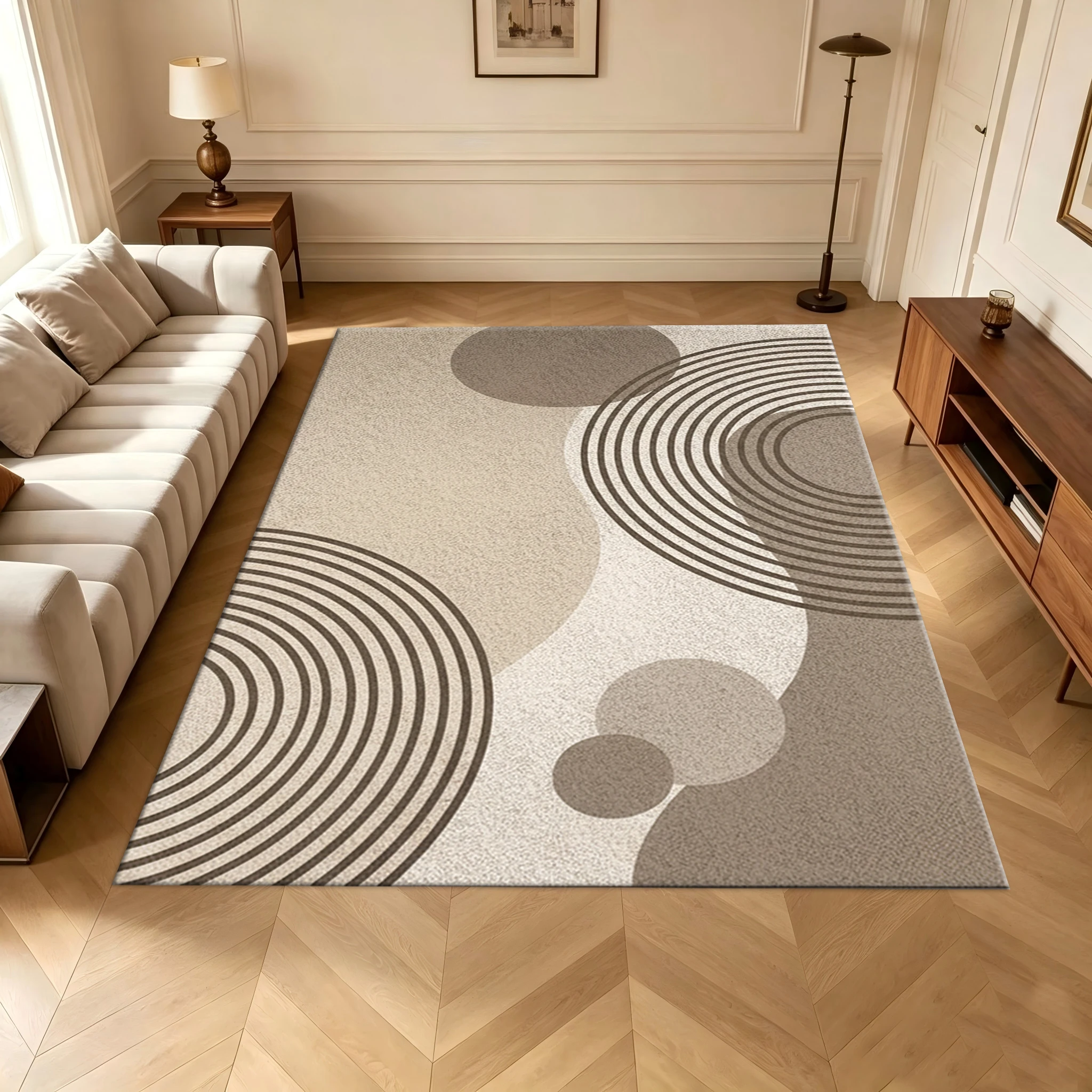 Mid-Century Geometric Circle Abstract Area Rug Carpet Flooring Neutral Tone Floor Mat for Living Room