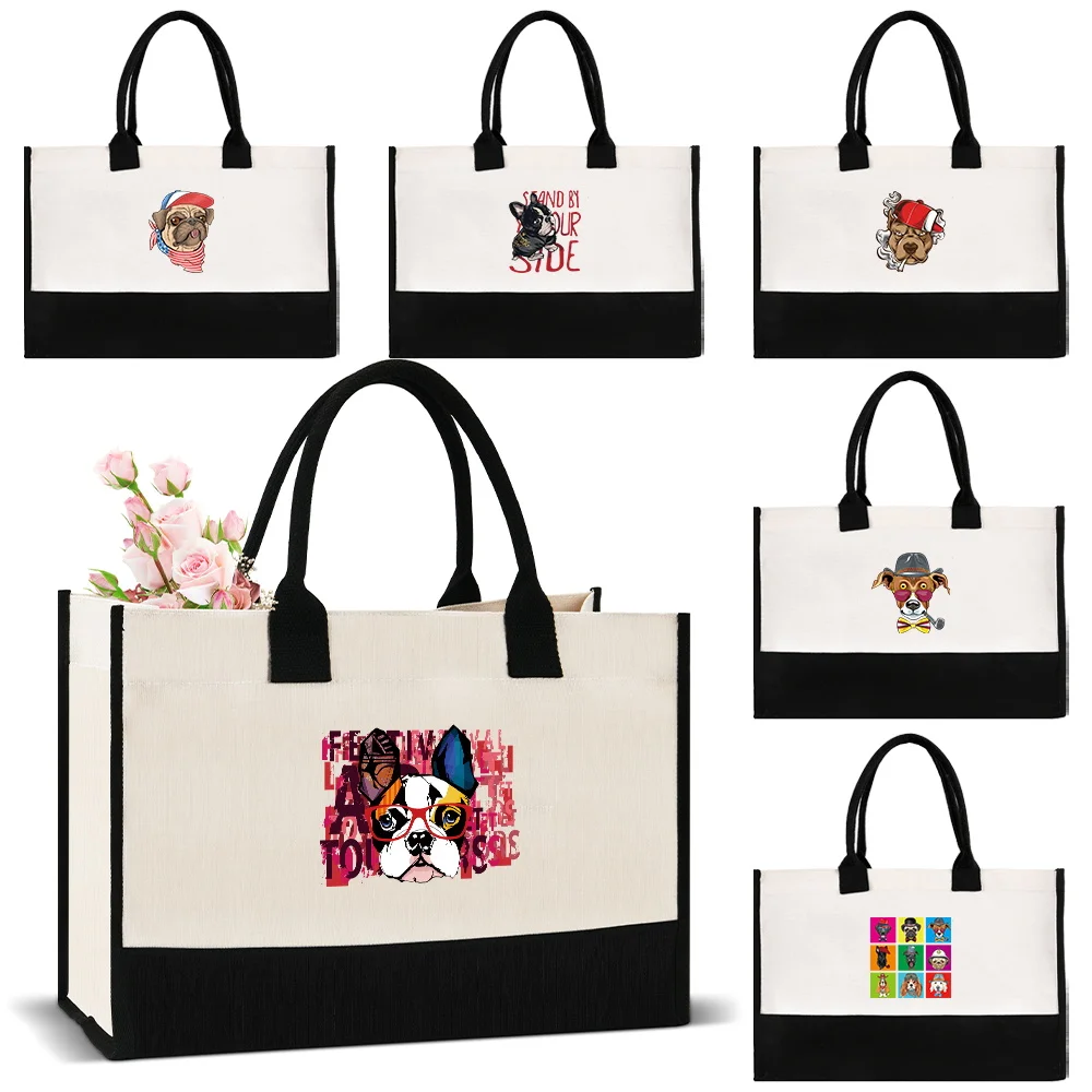 Burlap Jute Tote Bag Vintage Reusable Shopping Bags Fashion Lightweight Shoulder Bags Cute Dog Pattern Grocery Oeganizer