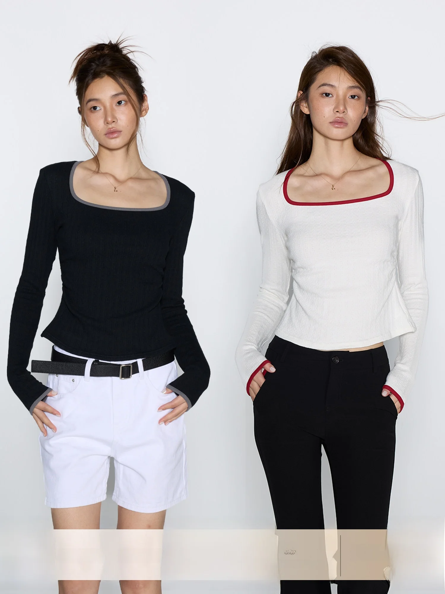 

Футболка Gowirel Color Blo Long Sve Basic с квадратным воротником и драпированным подолом, повседневная, удобная, дышащая, из смесового хлопка