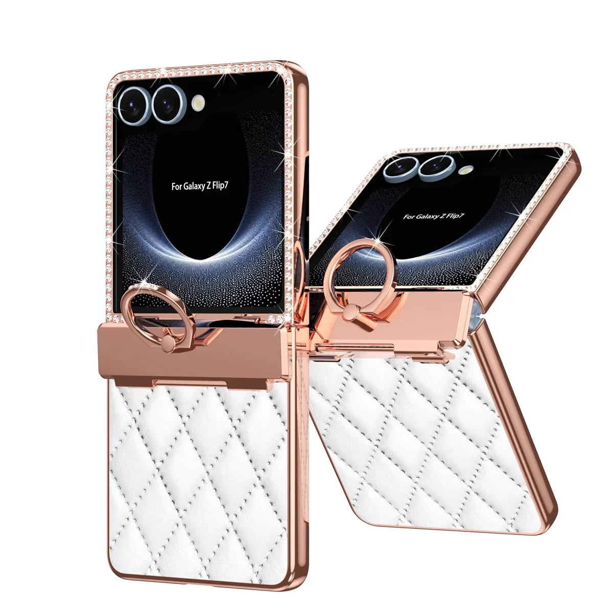 Luxuriöse Leder-Diamant-Handyhülle für Samsung Galaxy Z Flip 7, 6, 5, 4, 3, Flip7 FE mit Scharnierschutz und Ringhalter für Damen und Mädchen