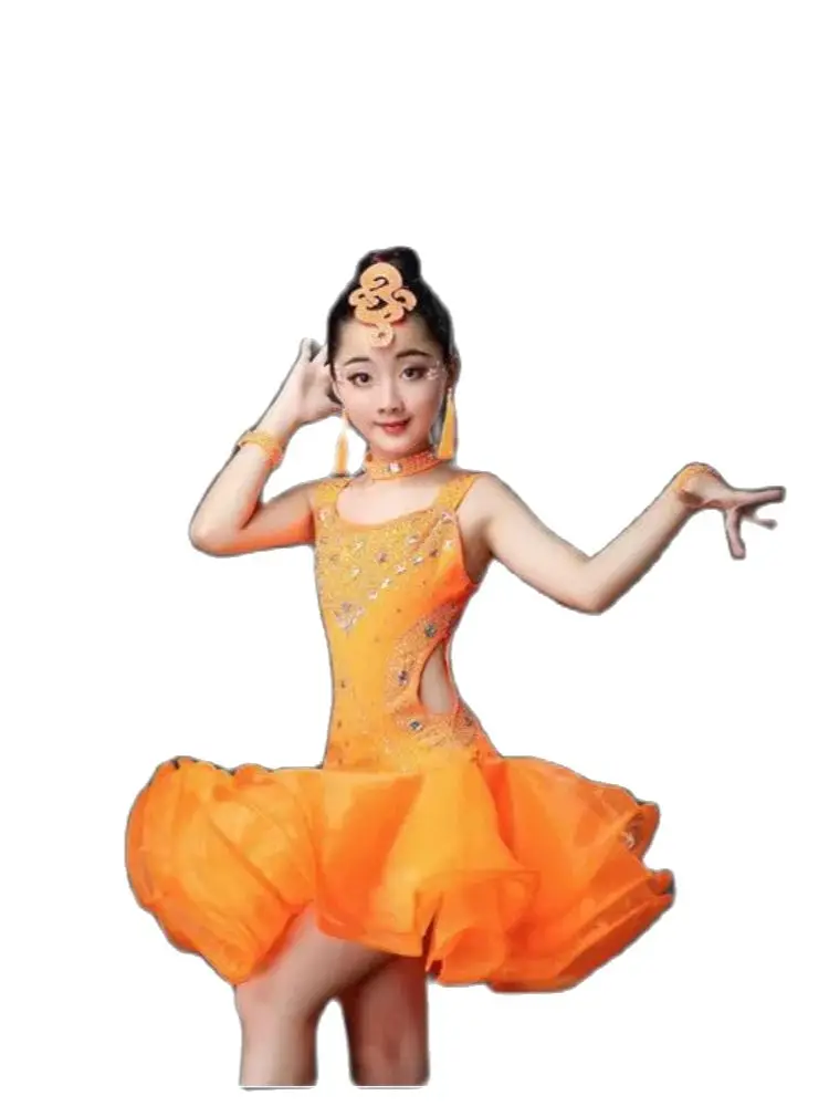 1pcs/lot children fashion organza rhinestone latin dancing dress girl cha cha tango dancing dress