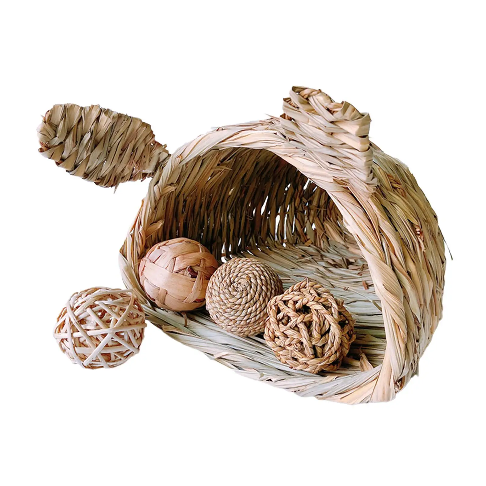 Grass Home with 4 Chew Balls Hand Woven Chew Toy Straw Hut Grass House for Play and Sleep Ferret Chinchilla Little Animals Bunny