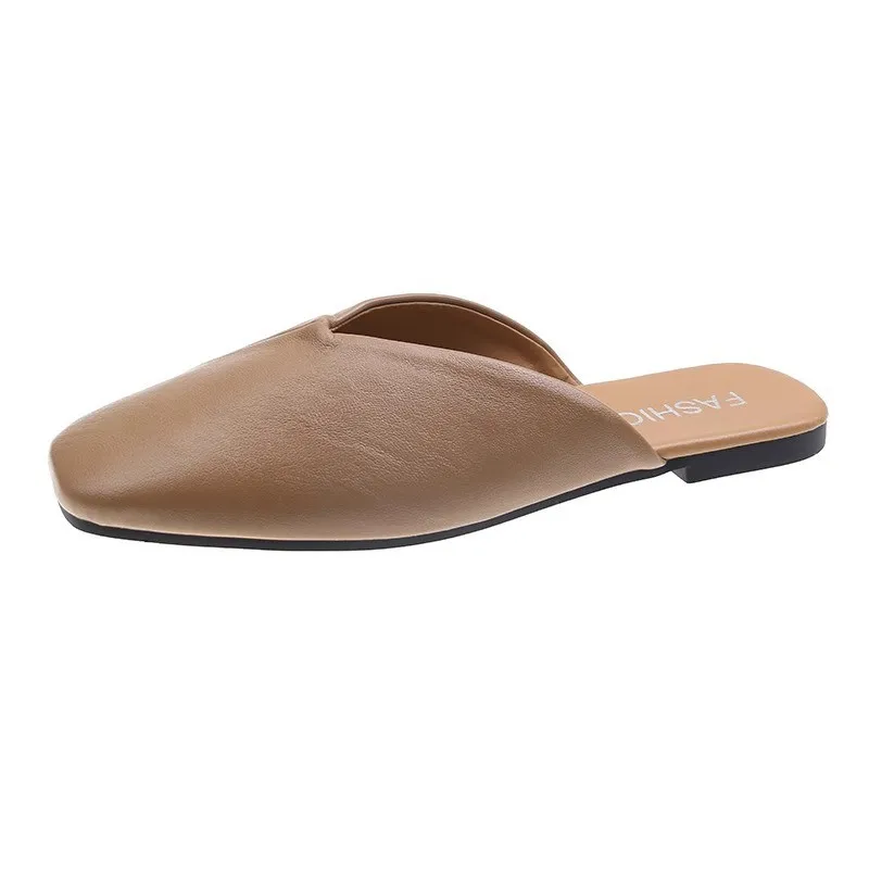Sandals Female Slippers Women Fashion Flat Casual Leather Mules Square Toe Sandals Women Flat Outdoor Walking Slides Zapatillas