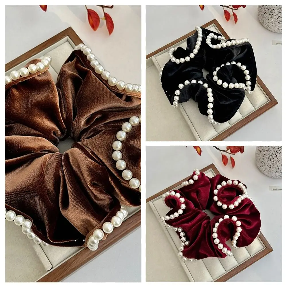 Scrunchies de terciopelo francés con perlas Vintage, cuerda para el cabello, diadema de colon grueso, Anillo para el cabello de temperamento Simple,