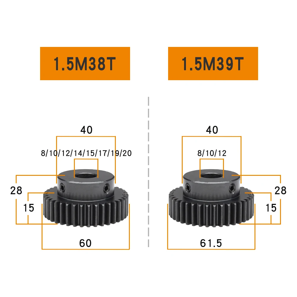 1 pcs Spur Gear 1.5M38T 39T Blackening SC45#Carbon Steel Motor Gear Bore 8-20 mm Transmission Accessories 38Teeth 39Teeth