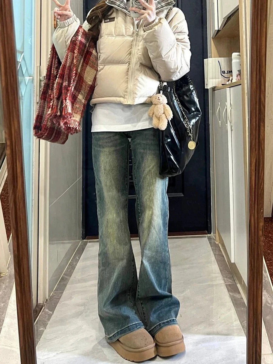 

Джинсы-клеш с высокой талией для женщин, весна-осень, большие размеры, эластичные, из хлопкового денима, прямые, длиной до щиколотки и в пол