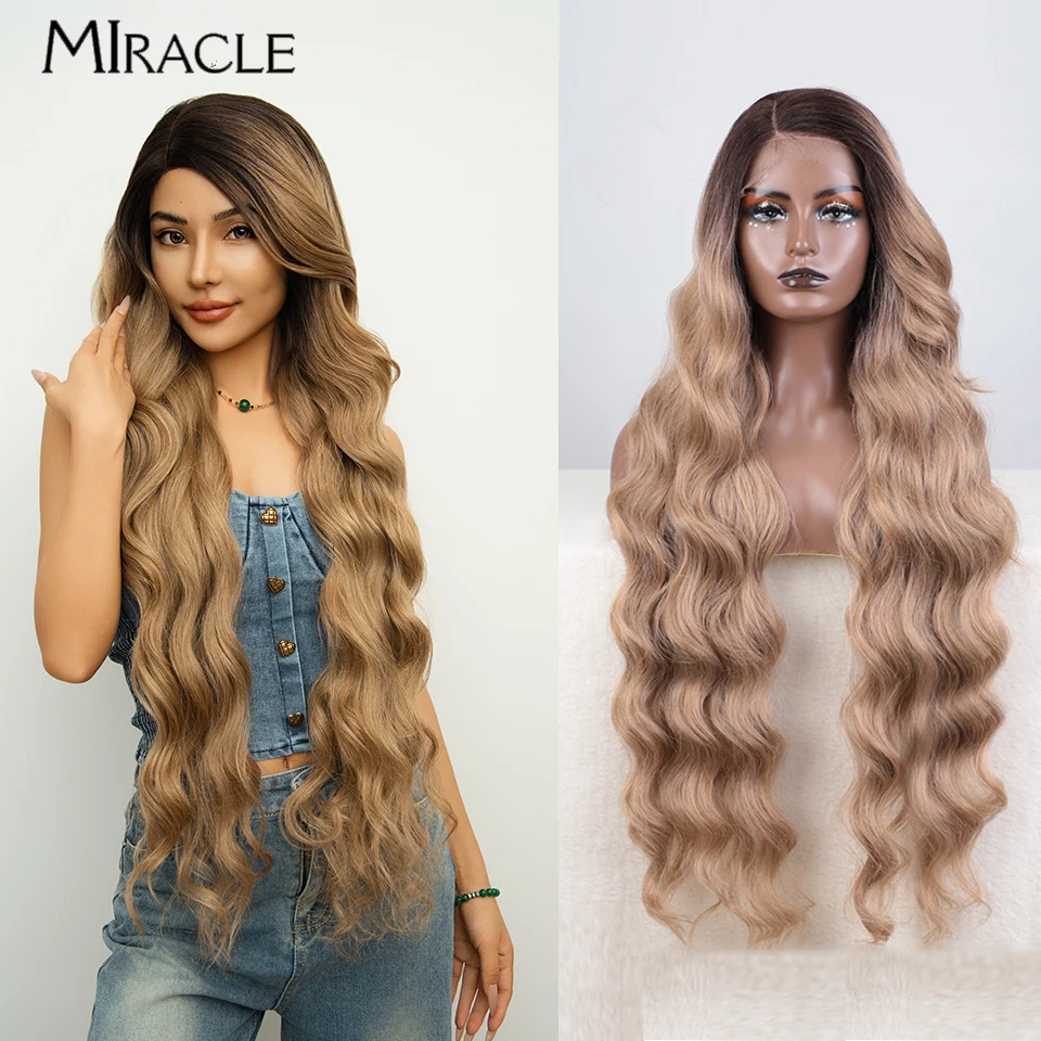 MIRACLE-peluca sintética de onda suelta profunda para mujer, cabellera larga ondulada con malla frontal, peluca de Cosplay, peluca rubia jengibre, parte lateral, 36 pulgadas