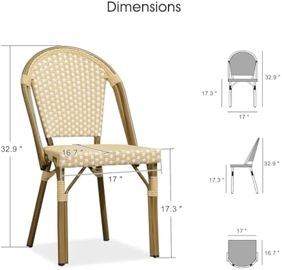 French Bistro Chairs Set of 2, Armless, Bamboo Finish, Yellow | Paris Cafe Inspired Design, Hand-Woven Wicker Craftsmanship, Natural Look Lasting Beauty, Easy to Clean, Ergonomic Comfort