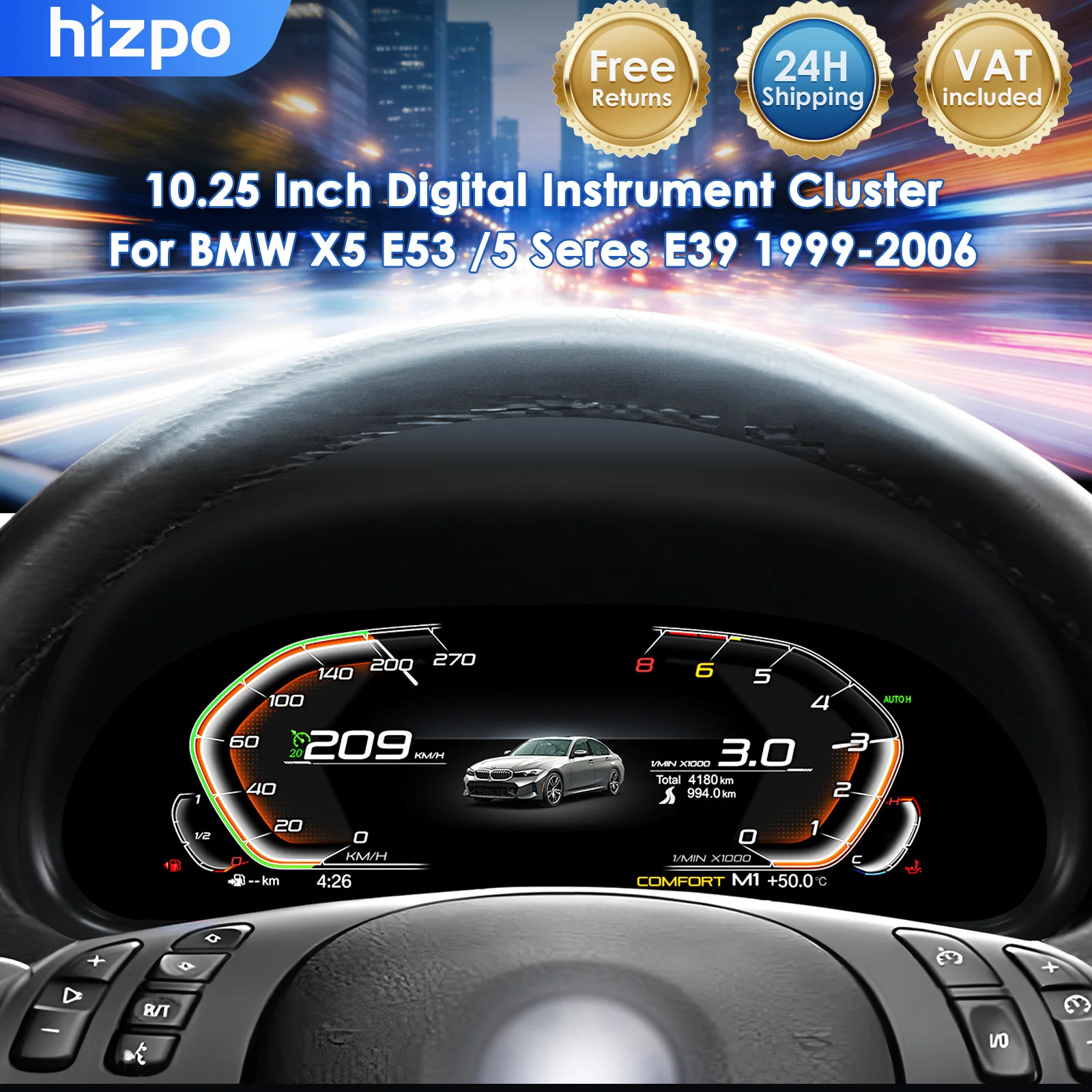 Hizpo 10.25" Digitaal Instrumentenpaneel voor BMW X5 E53 / 5 Serie E39 1999-2006 LCD Dashboard Cockpit Virtueel Instrument Plug&Play