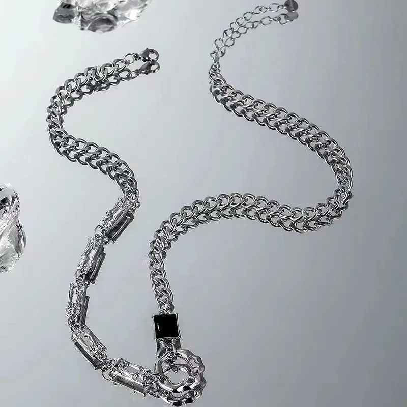 Titanium Steel Asymmetrical Chain Necklace with Black Square Stone Ring for Men Women Y2K Punk Street Jewelry