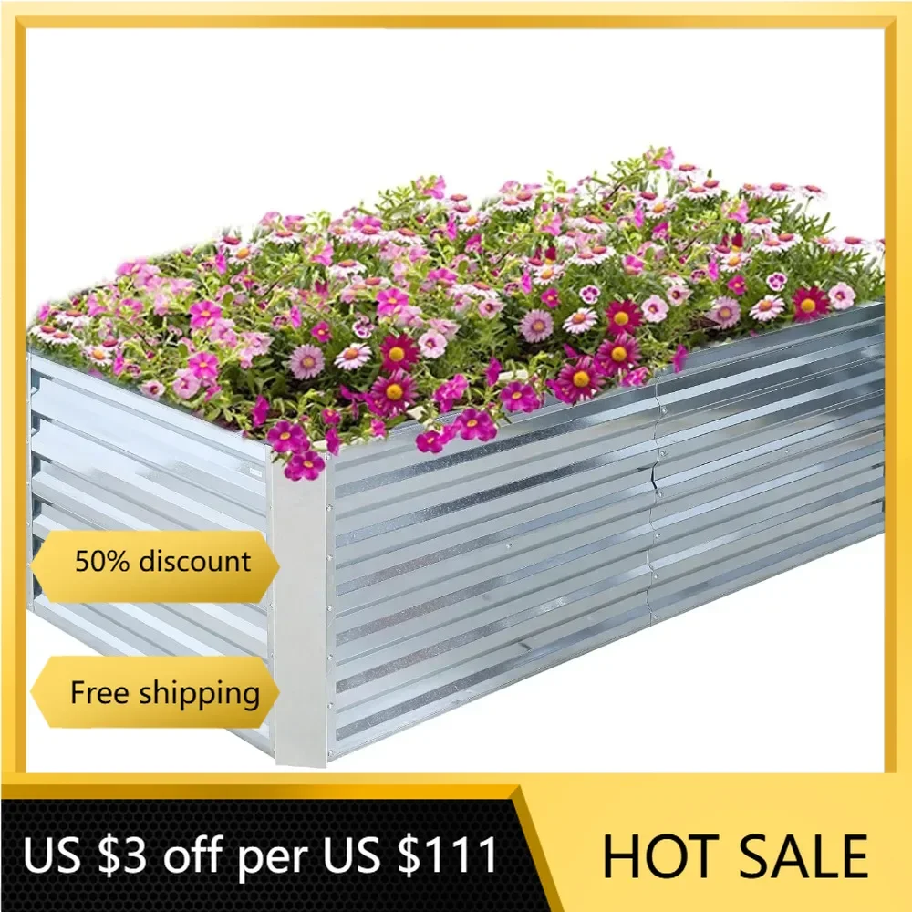 

8x4x2 FT Galvanized Raised Garden Bed Box 96"x47"x22.4" -Large Metal Outdoor Flower Bed Steel Planter Silver freight free