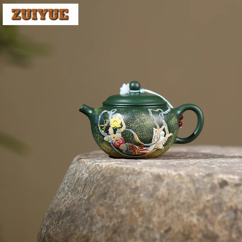 

170ml Yixing Purple Clay Teapots Handmade Dunhuang Beautiful Round Drum Pot Raw Ore Green Mud Kettle With Strainer Zisha Tea Set