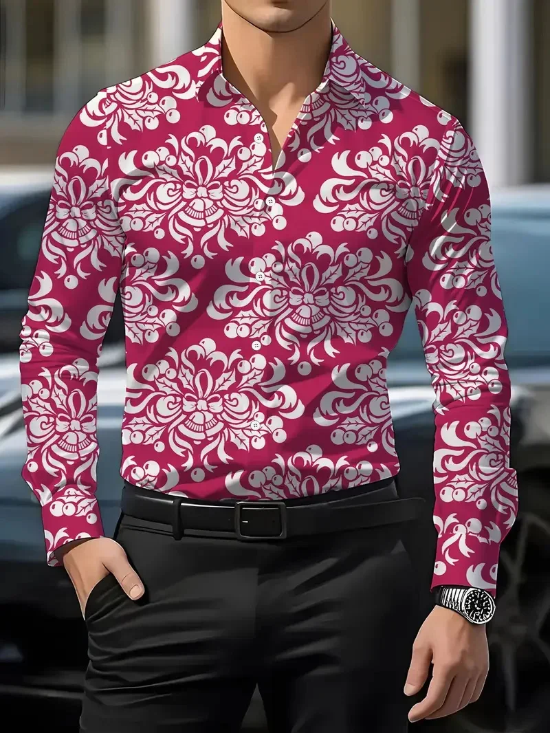 زهور كبيرة مجعد العشب الطباعة الطبيعية الباروك الرجال قميص فاخر عادية زر احتفالي مريح كم طويل زي #2