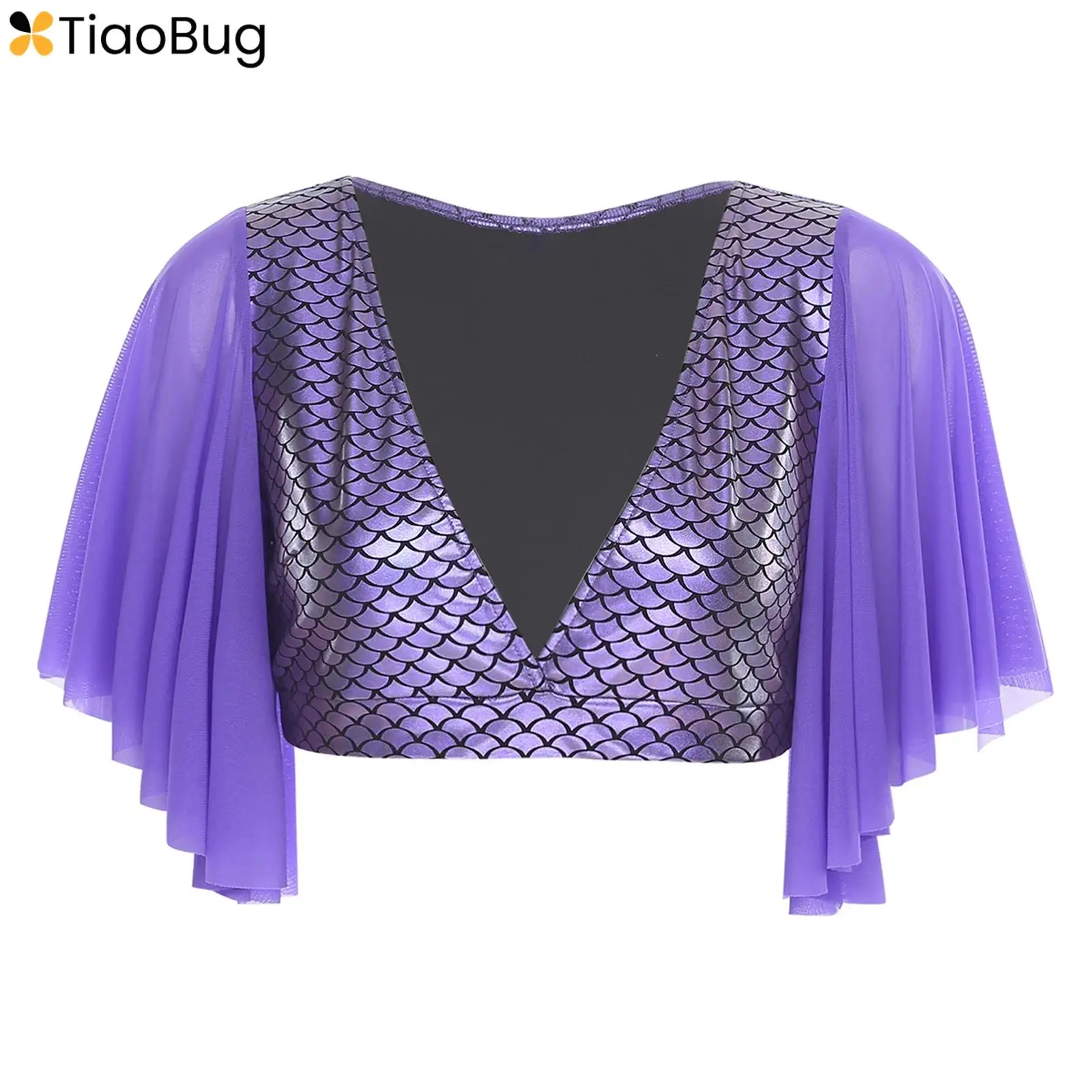 

Womens Fishscale Print Crop Tops V Neck Mesh Short Sleeve Cropped T-shirt for Themed Party Mermaid Dress up Swimming Clothing