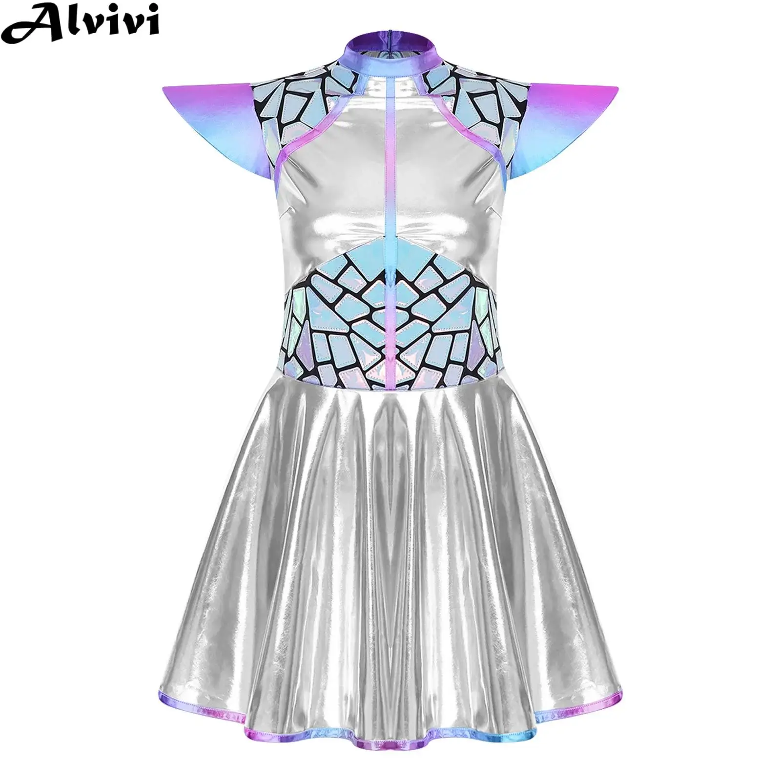

Женское блестящее металлическое блестящее платье с рукавами-крылышками, космическое милачее платье на Хэллоуин, космическое инопланетянин, робот-костюм для косплея, клубная одежда