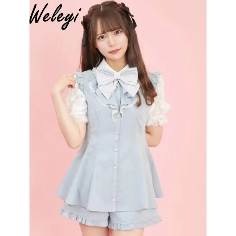 

Women's Cute Oversized Dress Set for Spring Summer 2024 Sweet Landmine Style Lace Patchwork Knot Waistband Short Sleeved Dresses