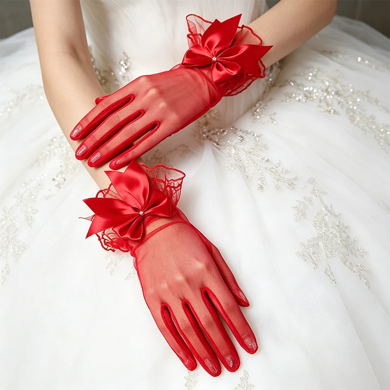 Retro Hepburn-Style Bridal Wedding Gloves with Lace, Red and White Bow, Mesh, Short Satin Thin Design for Weddings