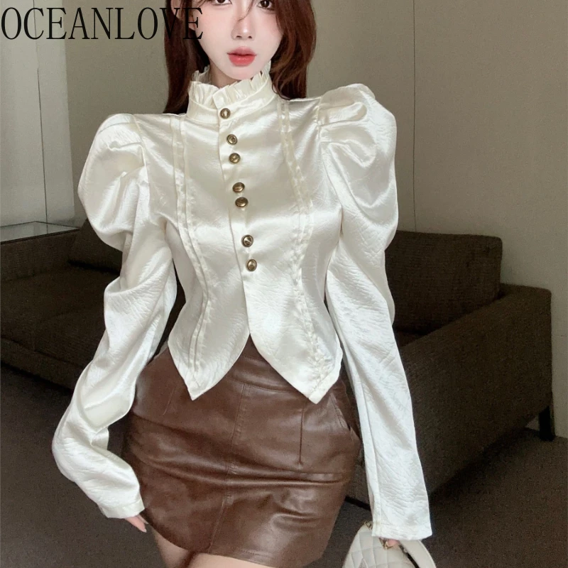 OCEANLOVE Puff Sleeve Shirts&blouses Solid Autumn Winter Stand Collar Vintage Women Tops Korean Fashion Elegant Blusas Mujer