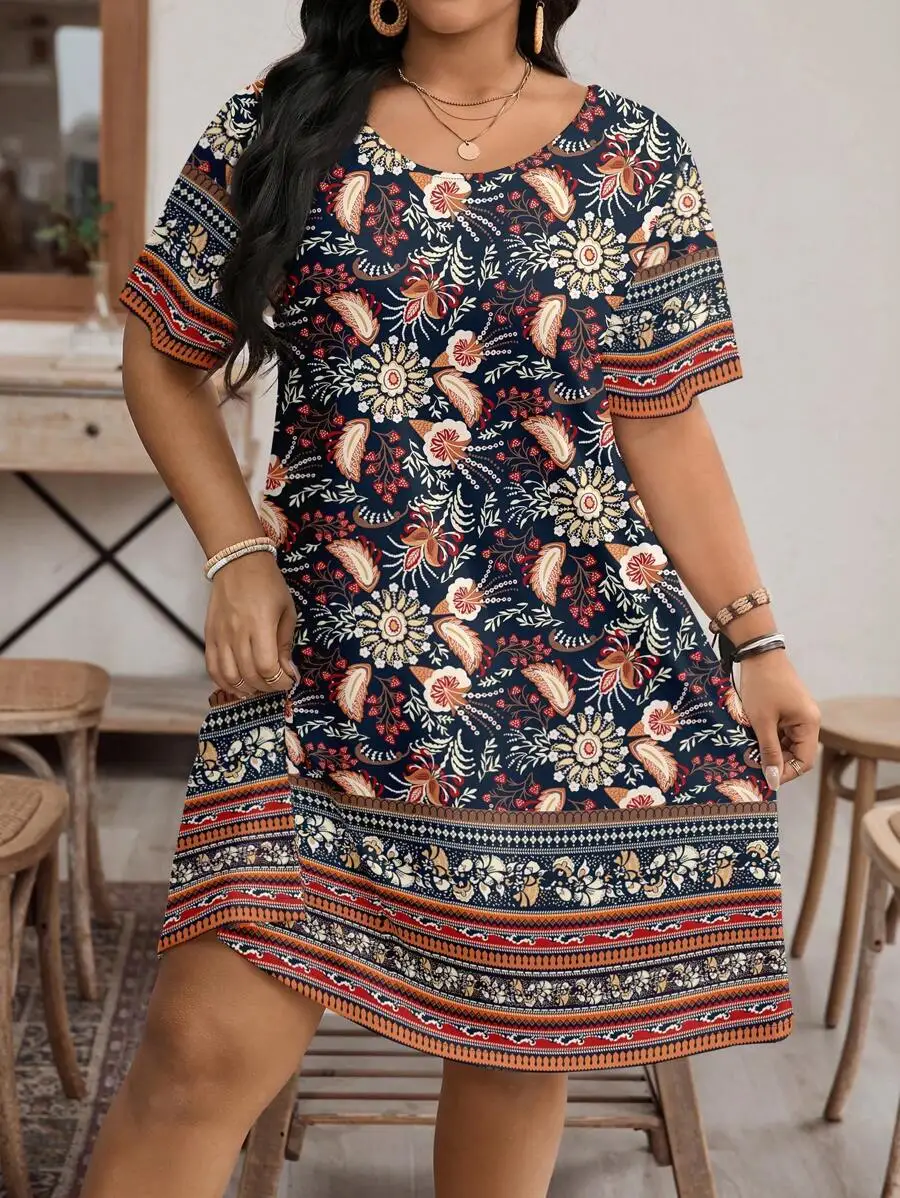 EMERY ROSE Women's Plus Size Navy Blue Dress,Vintage Floral Pattern Loose Round Neck Short Sleeve Boho Chic Sundress,Summer