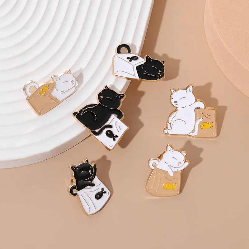 Black White Cats Lying Bag Enamel Pins Cartoon Kitten Fish Brooch Metal Hat Backpack Clothes Badge Jewelry Gift for Friends Kid