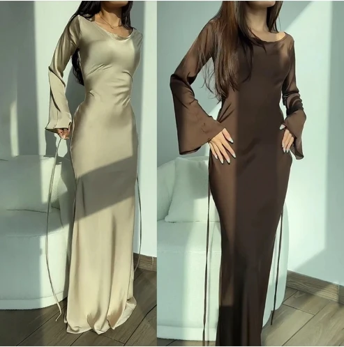 

Autumn Fashion Dress Round Neck Long Sleeved Lazy Style Waist Cinching Dress Sexy Slim and Elegant Dress for Women