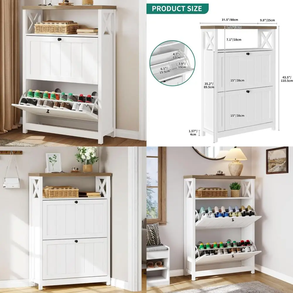 Free Standing Shoe Storage Cabinet with Flip Drawers and Open Shelves for Entryway, Hidden Shoe Rack Organizer