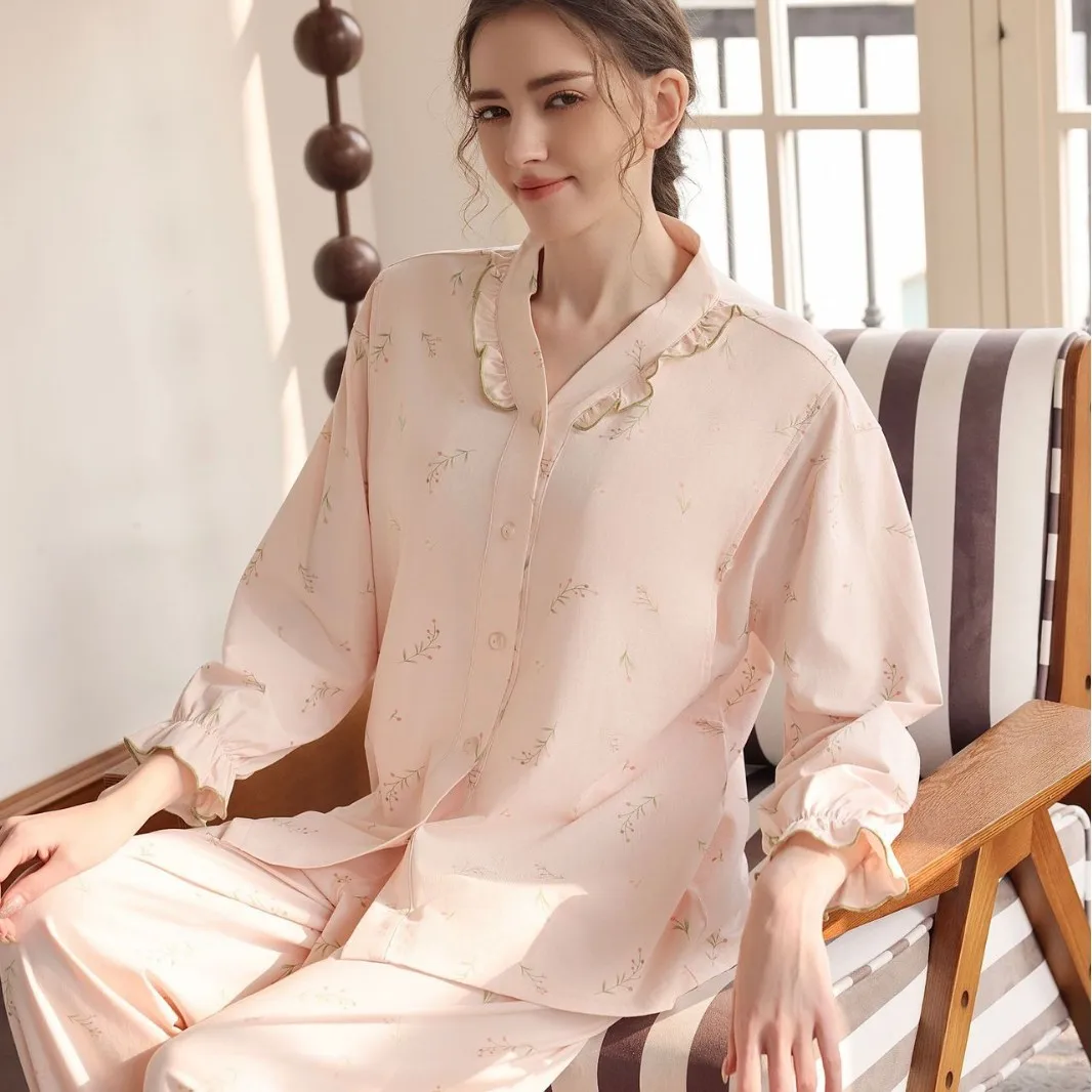 Large Size Cooling Pure Cotton Nightgown with Chest Pad Maternity Nursing Sleepwear Breathable Spring Summer Long Sleeve