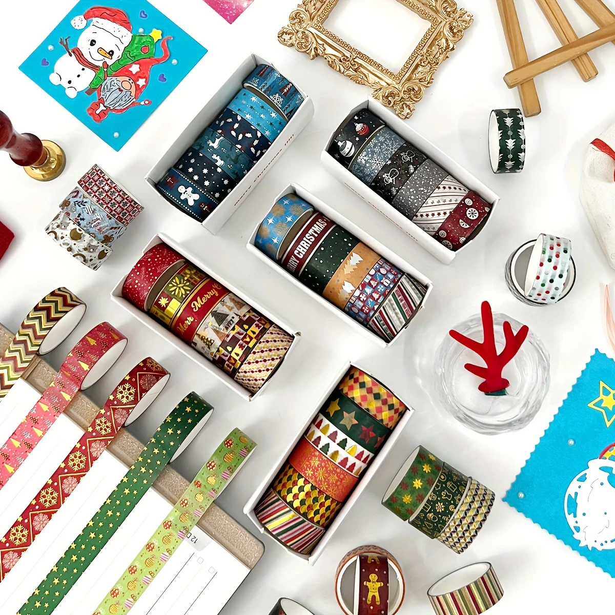 クリスマスをテーマにした和紙テープ6ロール、パーティーDIYギフトボックスやクリスマスデコレーションに最適、スタイリッシュなホリデー用品