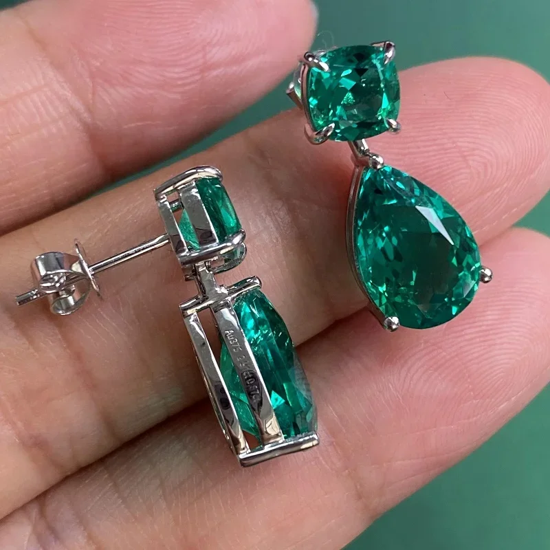 RUIF Custom Design 9K White Gold Lab Grown Emerald Earrings Hand Make Gemstone Jewelry for Women