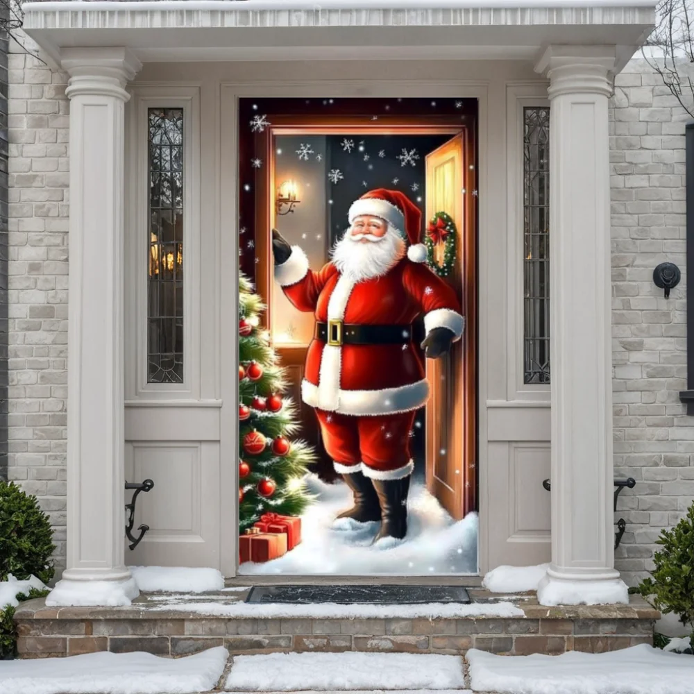 Christmas Door Flags Santa Claus Snowman Photos Home Background Decorations Curtains Hanging Cloth Christmas Outdoor Decoration
