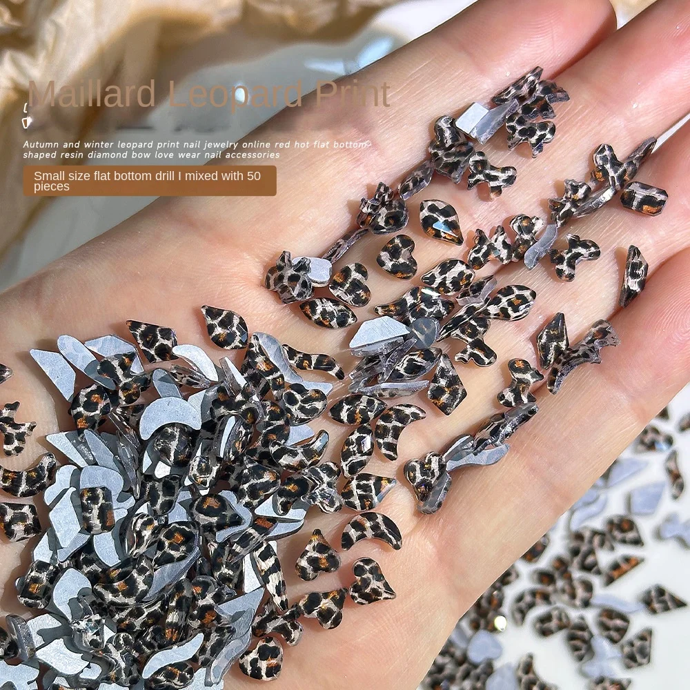 

50Pcs Unique Resin Nail Jewelry for DIY Manicures Leopard Print Heart Flatback Rhinestone Nail Decor