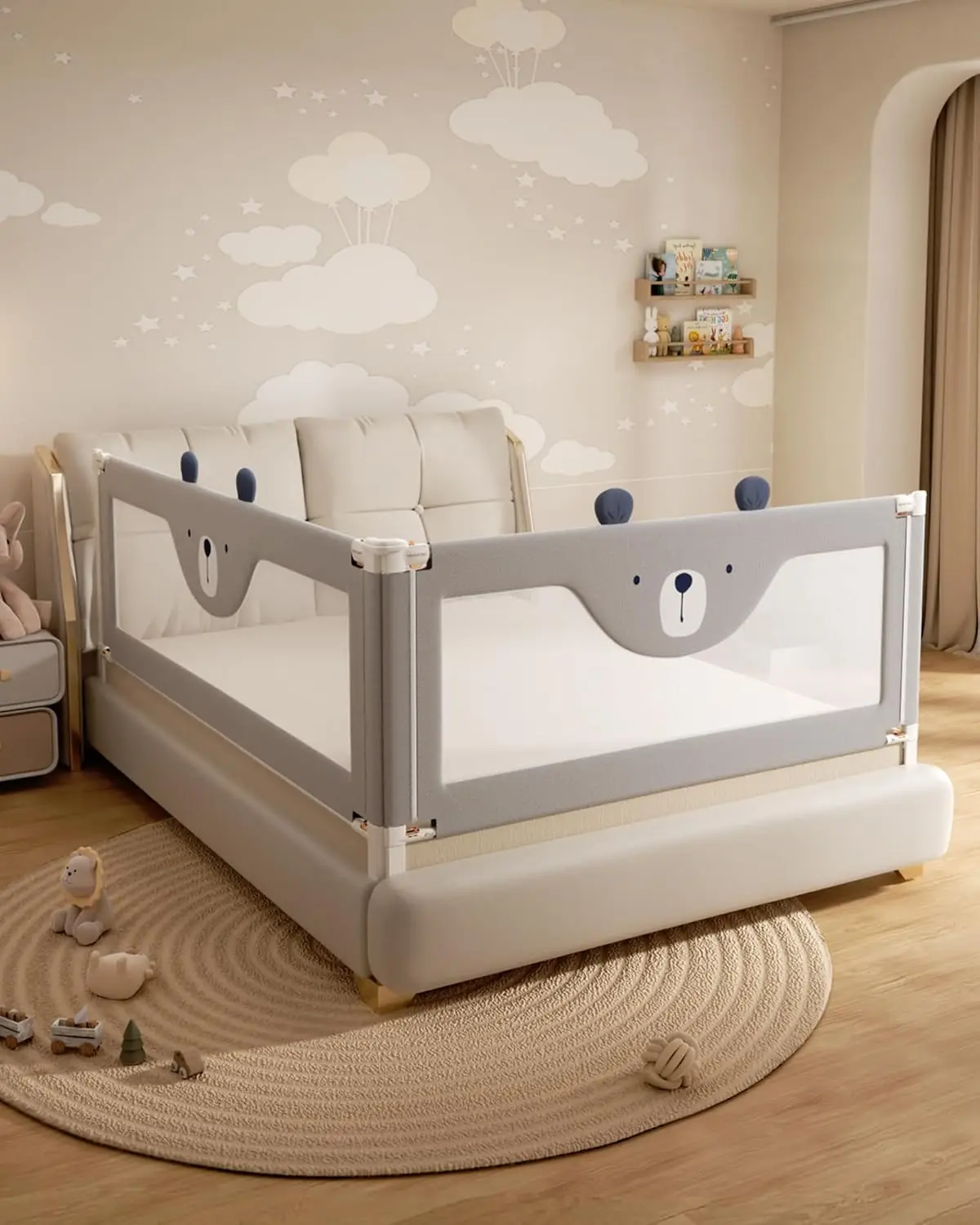 

2-Piece King Size Bed Rails, No-Drill Adjustable Safety Guard for Toddlers, Grey Bear Design, 74.8x78.7 Inches