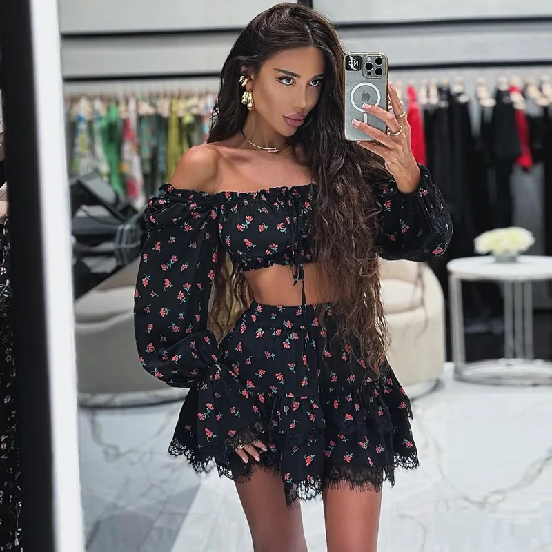 

Sexy Lace Trim Printed Lantern Sve Tube Top Skirt Set Women's Faion Two-Piece Outfit round Ne Long Sve ort Pants