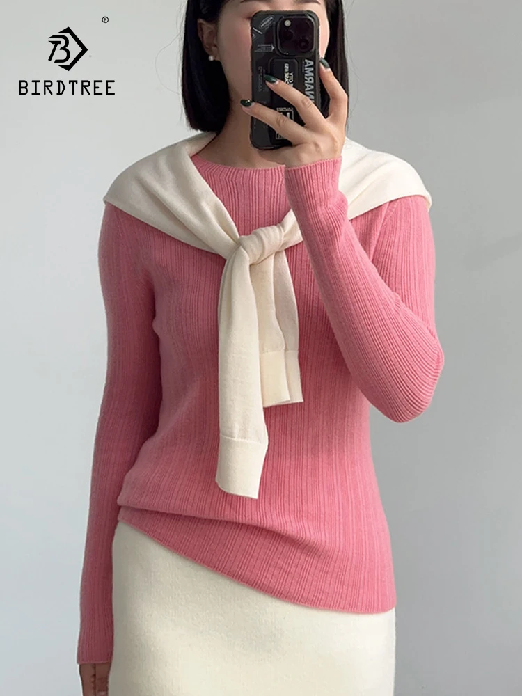 Birdtree 100%Wool Soft Comfortable Seamless Pullover Women's Ice Cream Color Knit Basic Sweater Slimming Fall Winter T3N361QC