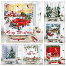 Merry Christmas Winter Red Truck Bathroom Shower Curtain Rug Set Snowman Polyester Reindeer Bath Curtain Washable Bathroom Decor