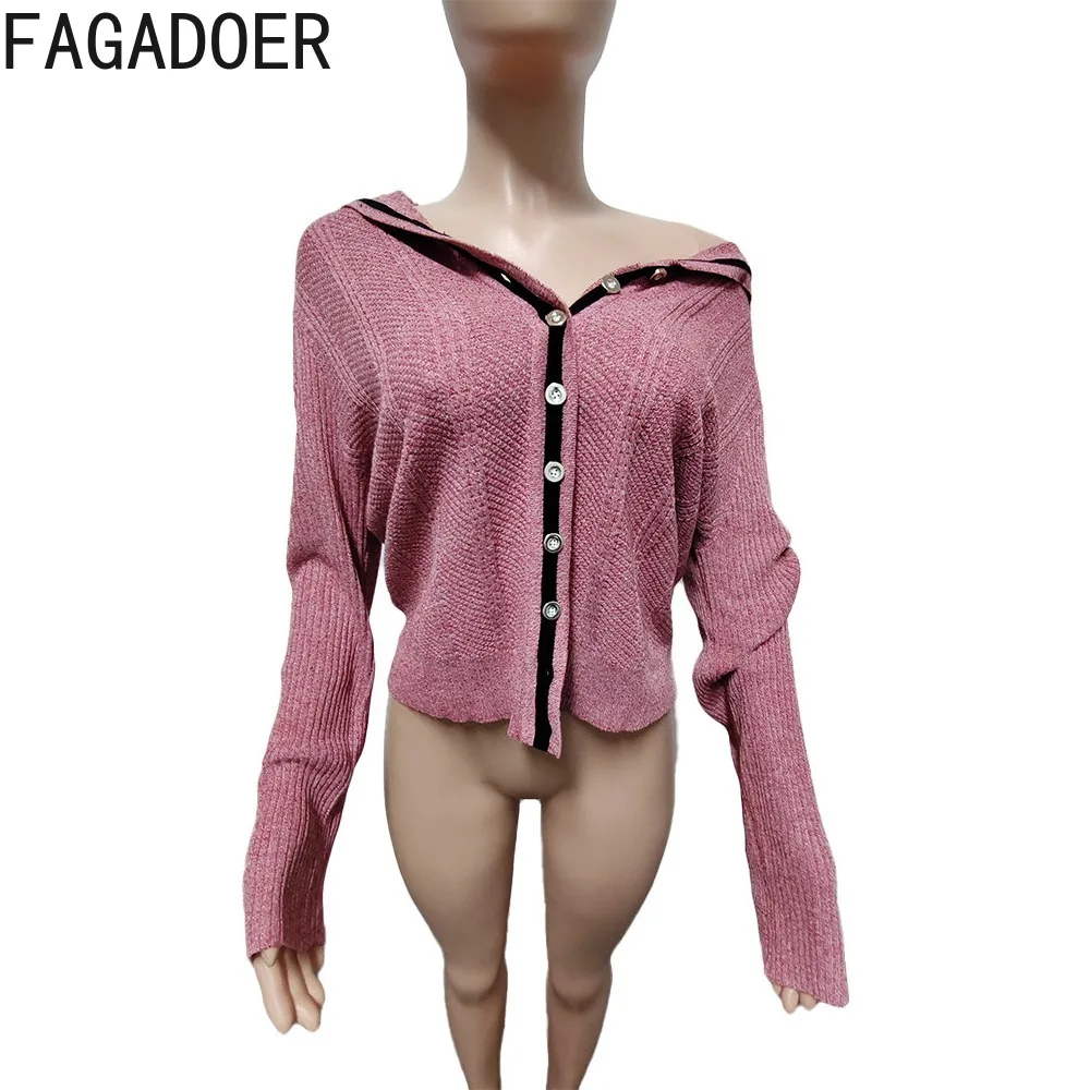 FAGADOER Fashion High Street Hot Girl Y2K Clothing Women Off Shoulder Button Long Sleeve Knitted Cardigan Casual Irregular Tops