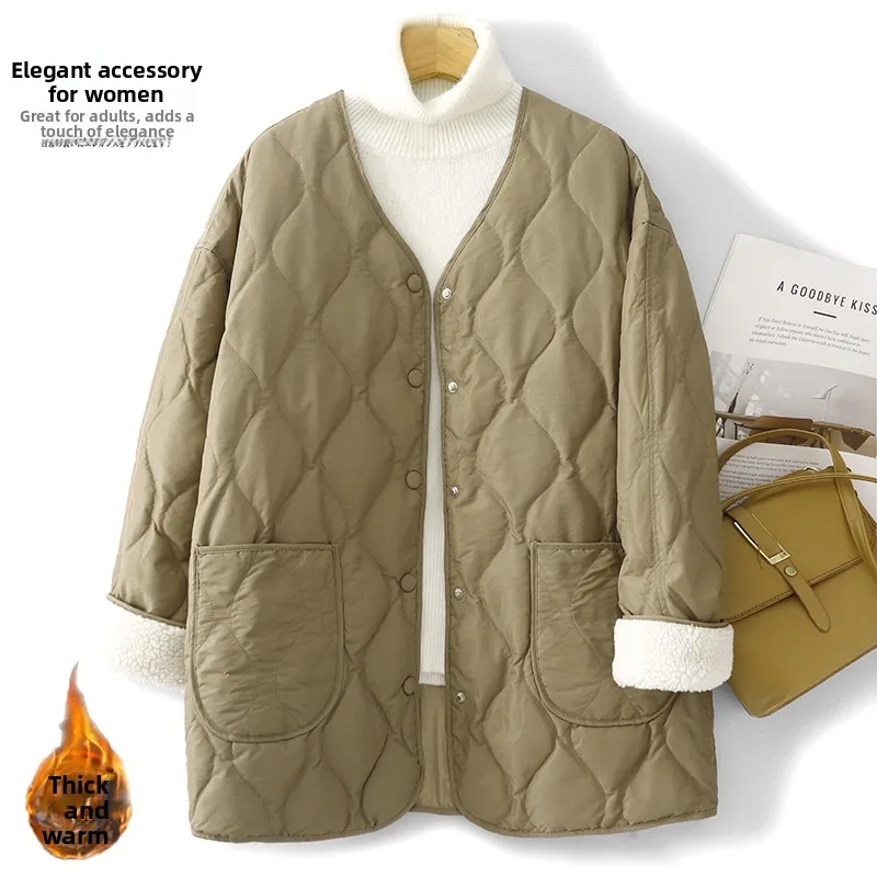 

Хлопковая куртка в стиле пэчворк с мехом ягненка и ромбовидным узором, женская зимняя корейская версия, легкий хлопковый жилет V-Ne...