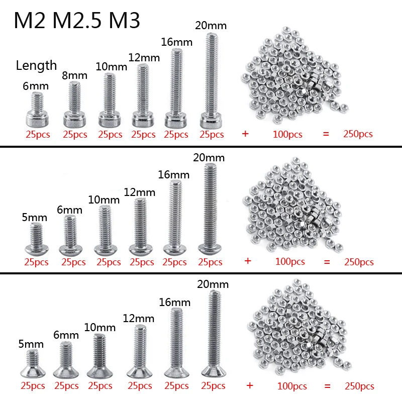 

250pc/set A2 Stainless Steel M3M2.5M2 Cap/Button/Flat Head Screws Sets Hex Socket Bolt With Hex Nuts Assortment Kit