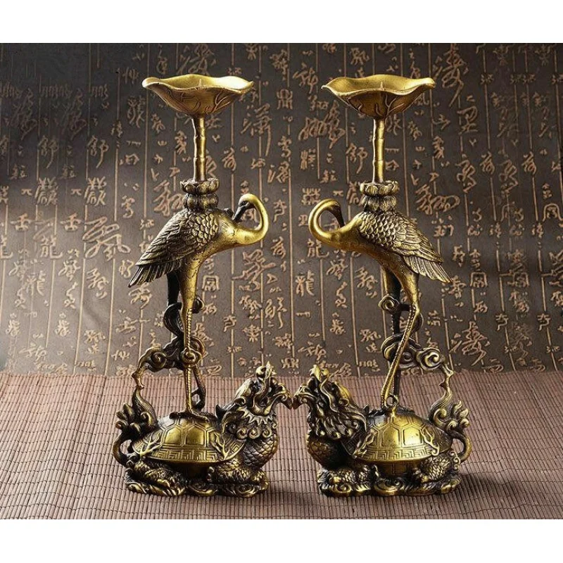 

Antique china brass hand made dragon turtle Red-crowned crane lotus Candlestick