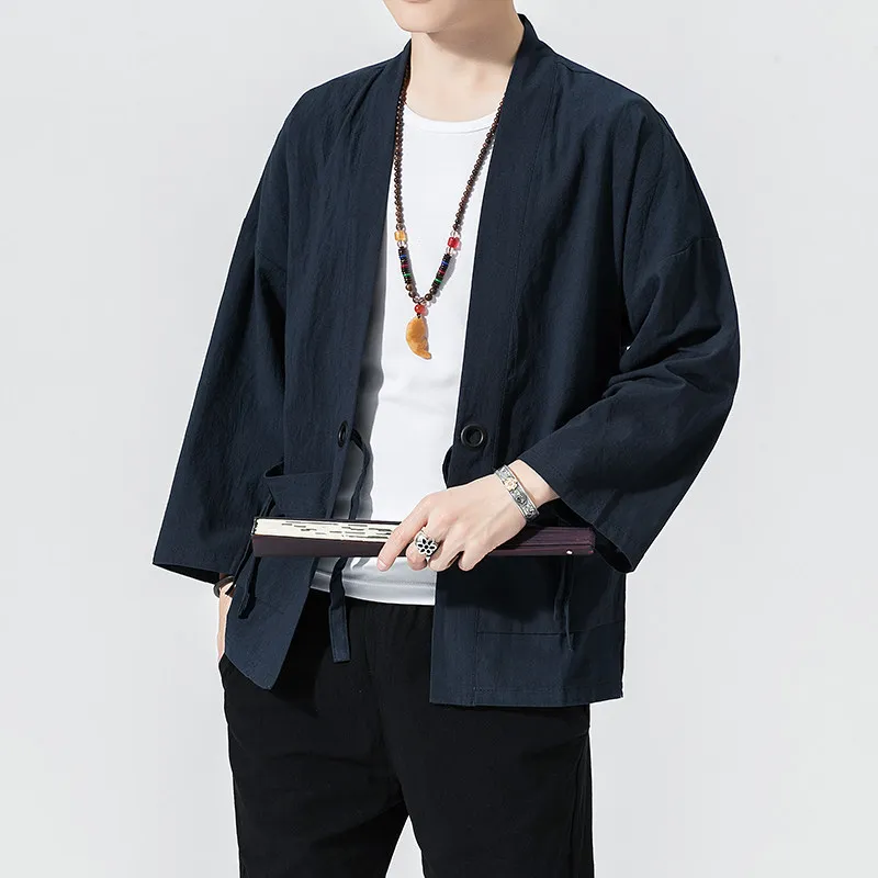 Vintage Shirts Kimono Mens Cotton Linen Japan Samurai Yukata Shirts Harajuku Costume Male Solid Color Loose Asian Clothes Shirts