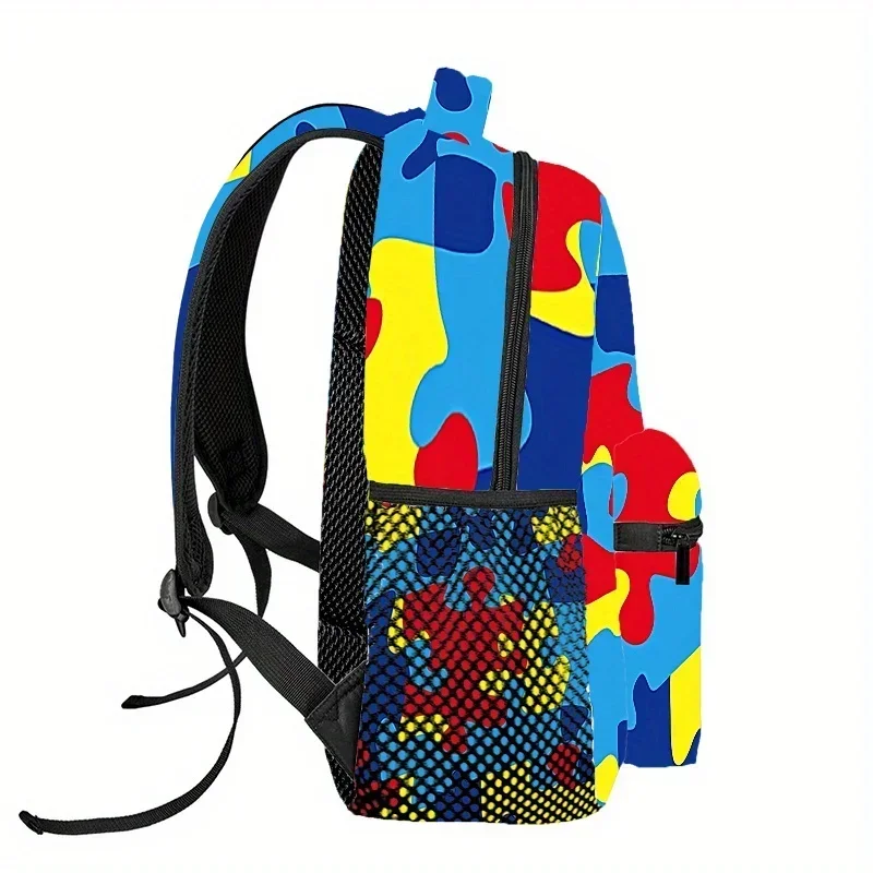 Custom Bag Autism Awareness Puzzle Backpack - Customizable Colorful Puzzle Print Lightweight Travel Backpack With Adjustable Str