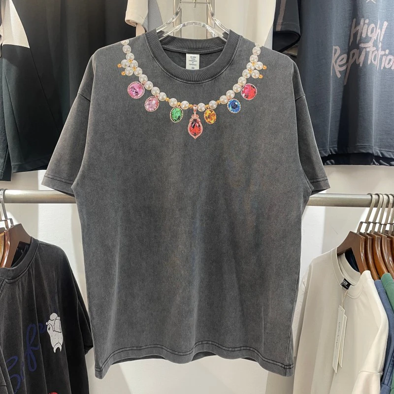 

Большой размер 305 г, плотная хлопковая летняя футболка с ожерельем и принтом, футболка с короткими рукавами для мужчин и женщин, винтажные свободные стирки, топы