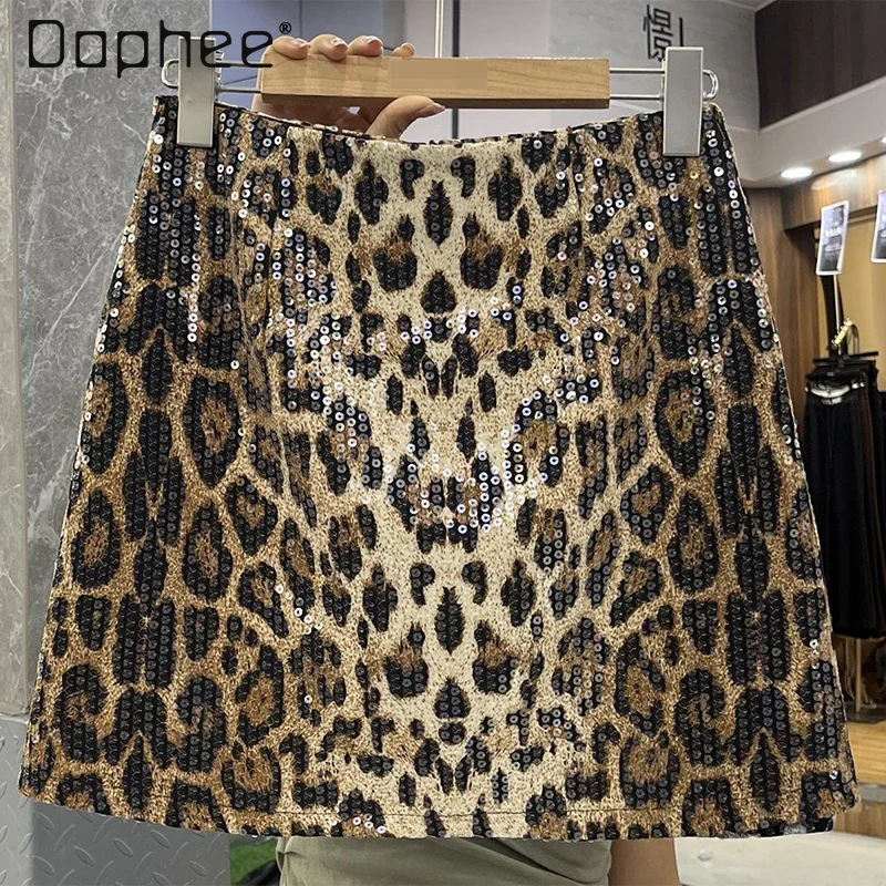 Trendy Sequined Leopard Print Skirt for Women Sexy Spicy Girl High Waist A Line Hip Short Skirt Casual Street Khaki Black